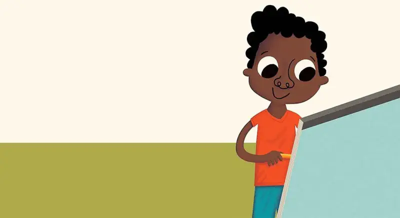A boy with curly black hair in an orange shirt holds a large blue drawing pad, ready to draw on it.
