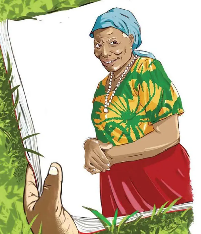 A grandma with a blue headscarf, pearl necklace, and colorful green and yellow dress smiles on the book page.