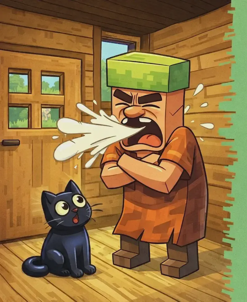 On the left side of the image, Nitwit stands inside a small wooden cabin, facing forward with eyes squeezed shut and mouth wide open in a powerful mid-sneeze, arms crossed tightly in front of his body as the sneeze erupts. Cat sits on the floor nearby to Nitwit's left, looking up at him with wide startled eyes. The interior scene shows wooden plank walls, a wooden door, and a window letting in daylight. The right ~40% of the image is plain green background for text overlay.