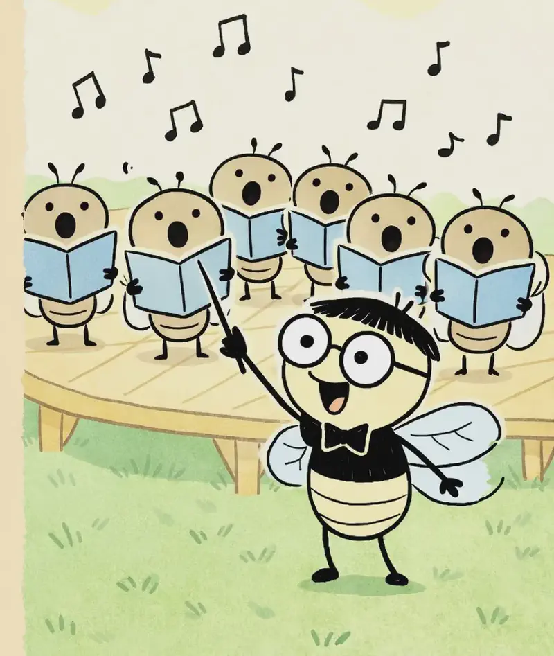 On the right side of the image, Pang stands at the front of a wooden outdoor stage, eyes open wide with an energetic, determined expression, mouth open calling out 'One, two, three, sing!' as he holds a conductor's baton raised high in his right hand. Behind him on the stage, a choir of cicadas stands in rows holding open blue songbooks, singing with wide-open mouths. Musical notes float through the air. The scene is set outdoors on a sunny day with green grass and a warm golden sky.