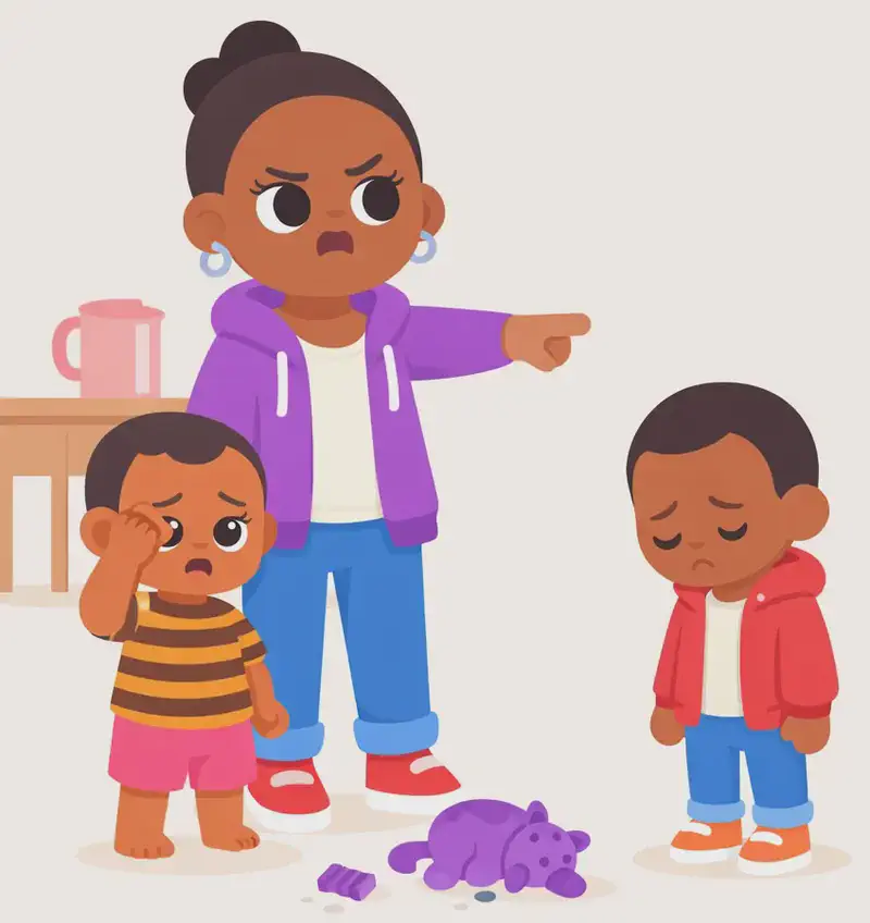 On the left side of the image, Mom stands in the center with a stern, frustrated expression, pointing firmly as she scolds the two boys. Boy stands to her left, rubbing his eye with one hand and looking upset, while Brother stands in front of Mom to the right, head down with a sulky, unhappy expression. A stuffed toy and broken pieces lie on the floor between them. The scene is set indoors in a living room, with a table and a pitcher visible in the background. The right ~40% of the image is plain background.