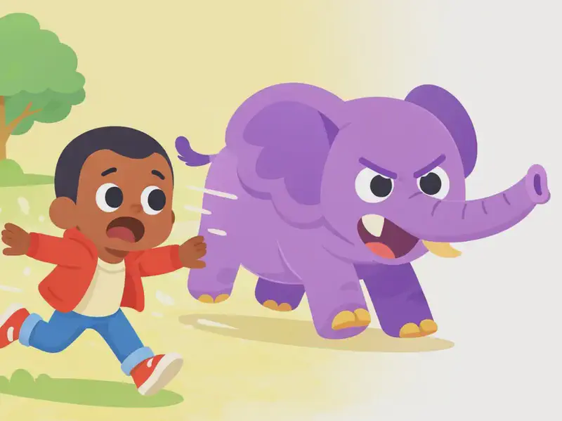 On the left side of the image, Brother is sprinting desperately with his arms outstretched, his body leaning forward in full flight, with a scared expression as he glances back. Just behind him, Mad Elephant charges aggressively with its trunk extended and head lowered, motion lines trailing behind it to convey speed. The scene is set outdoors in a park-like open area with a single tree on the far left and green grass underfoot, bathed in warm daylight with a soft yellow-toned background. The right side of the image is plain white background.