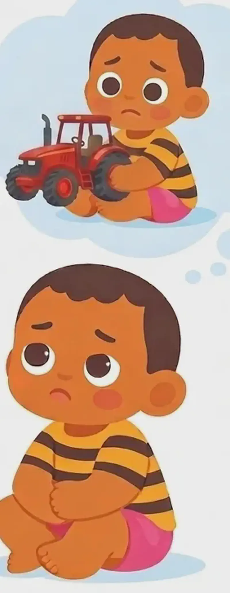 On the right side of the image, Boy sits barefoot on the ground with a wistful, slightly sad expression, looking off to the side. A small toy tractor sits on the ground beside him — his one prized possession. Above him is a thought bubble showing Boy sitting alone happily with a toy, representing his wish to have something just for himself. The scene is set against a plain white background.
