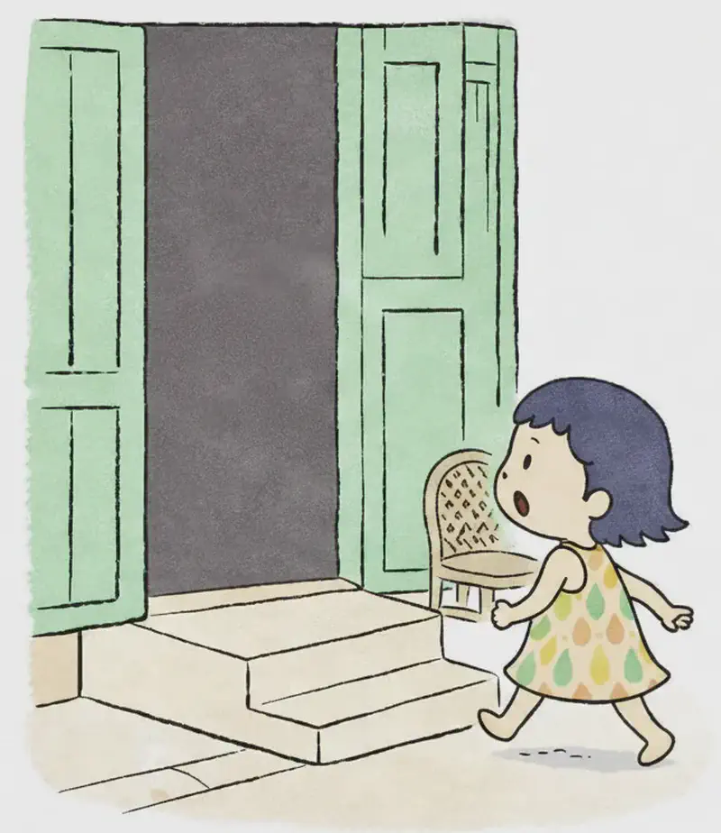 On the left side of the image, Kim walks barefoot up a small step toward an open doorway of a building with large green wooden doors, shown at a three-quarter angle so her face is visible — she has a curious, determined expression as she heads out into the street to follow a sound. Colorful "POK POK POK" sound-effect text floats in the air near the doorway. The scene is set outdoors on a neighborhood sidewalk, with a wicker chair sitting to the right of the entrance. The right ~40% of the image is plain light background.