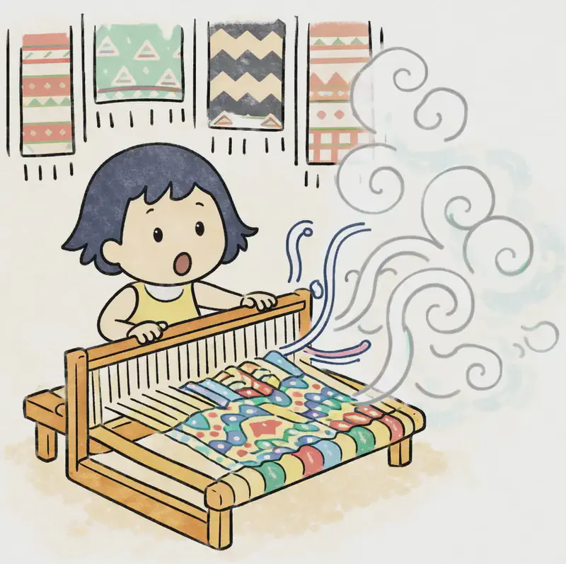 On the left side of the image, Kim sits at a large wooden loom inside a cozy craft room, with her hands on the loom's frame and a look of wide-eyed surprise on her face. The loom is actively weaving — a brilliant rug is forming on it, with threads twisting and dancing on their own. Magical swirling clouds of mist or energy billow out from the loom toward the right, suggesting the loom has come alive. Behind Kim on the wall, colorful finished rugs and tapestries with geometric patterns hang on display. The right side of the image is open plain background filled with the magical mist.