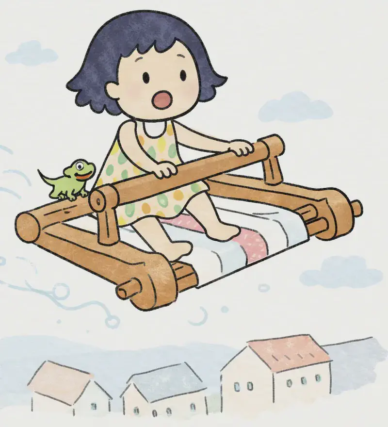 On the right side of the image, Kim sits atop a large wooden loom that is flying through a bright, cloudy daytime sky, soaring above rooftops and buildings below. She grips the loom's frame with both hands, her expression shifting from surprise to wonder as the magical loom carries her upward. Wisps of glowing light and magical energy trail behind the loom. A tiny gecko clings to the loom beside her, along for the ride. The left side of the image is plain sky background, leaving space for text.