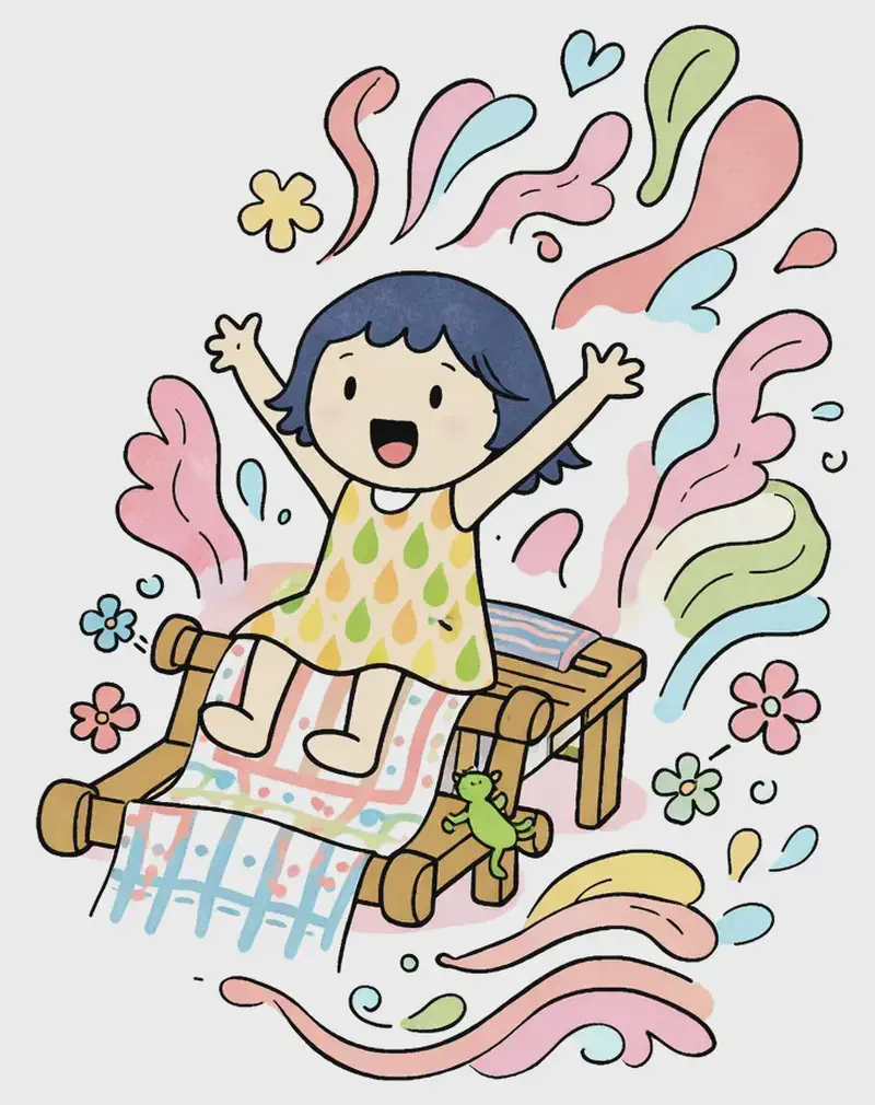 On the right side of the image, Kim sits atop the magic loom as it carries her through a swirling explosion of colors and patterns. She raises her arms and laughs joyfully, her face beaming with delight. Flowers and brilliant shapes blossom around her — flowing patterns, abstract shapes in pinks, blues, and greens — like living art surrounding the loom. A tiny gecko clings to the loom near her. The left side of the image is plain background, leaving space for text.