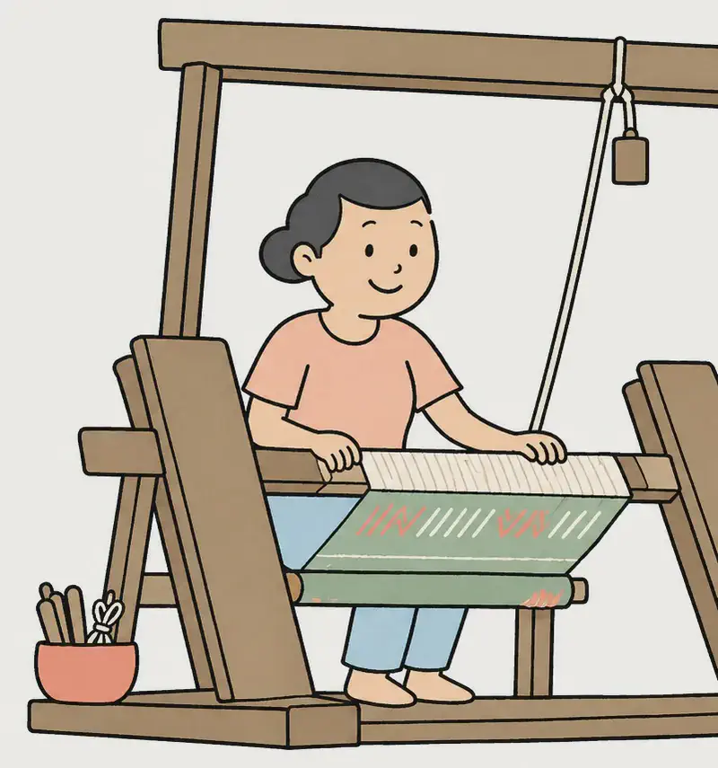 On the right side of the image, Kim's mother sits at a large wooden loom inside a cozy indoor room, smiling contentedly as she works the threads with her hands. The loom holds a partially woven fabric with colorful patterns, and warm afternoon light fills the space. The left side of the image is plain light background, leaving room for text.
