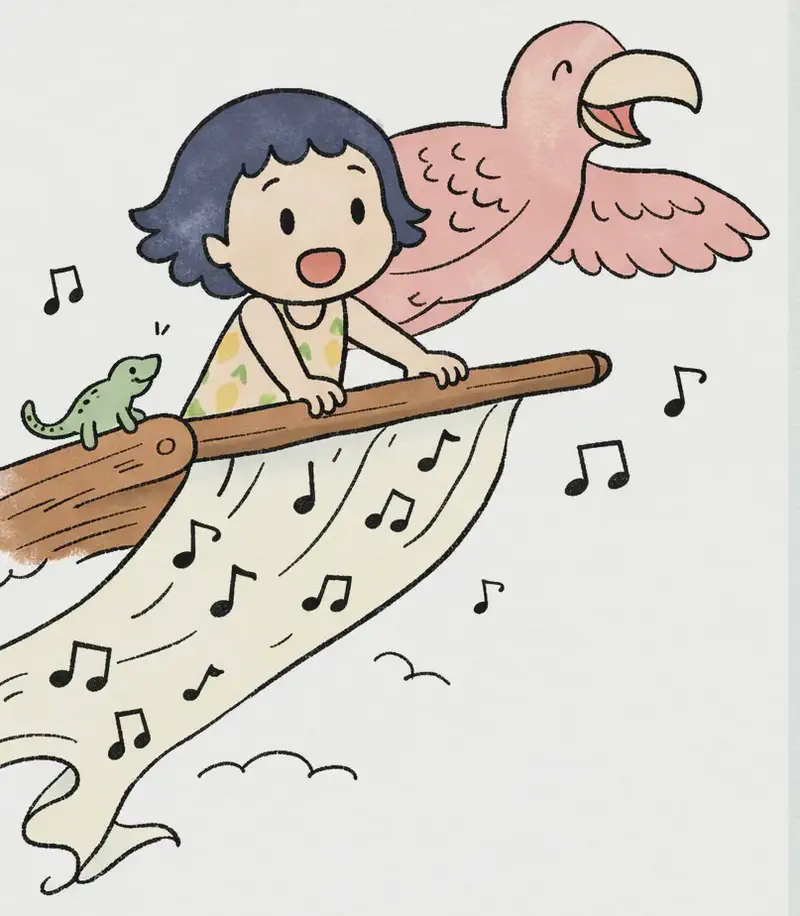 On the left side of the image, Kim sits atop a large magic loom that is flying through a pale, cloudy sky. She leans forward with a wide grin, gripping the wooden beam of the loom as it soars through the air. The loom trails a flowing, decorative fabric behind it — patterned with musical notes — that billows and curls downward like a banner. A massive pink bird glides beside Kim just above the loom. A tiny gecko clings to the loom near Kim. Musical notes float and swirl in the air around the loom, suggesting the ribbon of song carrying them aloft. The right side of the image is plain pale blue-gray sky, clear for text.