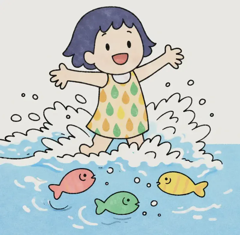 On the left side of the image, Kim bursts through the ocean waves, arms spread wide, riding the foamy surf with a joyful, excited smile. Colorful fish — pink, green, and yellow — swim circles around her in the shallow water as waves crash around them. The scene is set outdoors at a beach on a bright day, with deep blue ocean water stretching across the right side of the image as plain background.