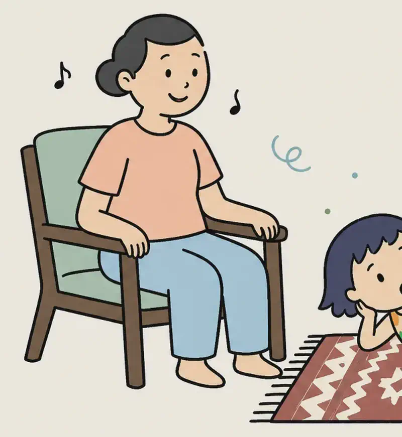 In the lower-left portion of the image, Kim's mother sits on a chair with a gentle, peaceful smile, singing softly. Kim is lying on the red and brown patterened rug from before, just waking up with a drowsy, content expression, her plain red blanket twisted around her legs, one hand near her face as she looks up at her mother. Faint wisps of color drift through the air around them, suggesting the fading remnants of a dream. The top half of the image is plain warm-toned background. The scene is set indoors in a cozy room with soft, warm afternoon light.