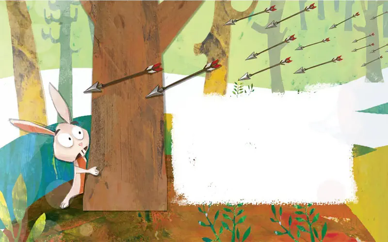 A startled rabbit named Hop hides behind a tree trunk as arrows fly through the forest around him.