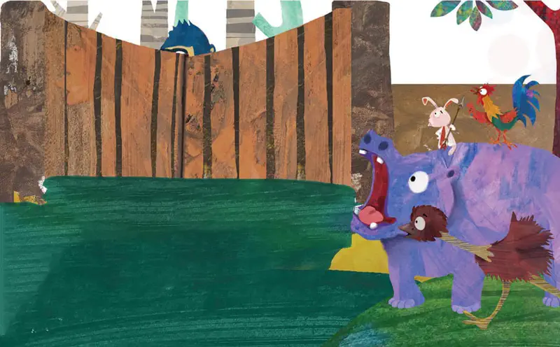 Hop rides on a purple hippo with a hen and fluffy bird as an ape peeks from behind forest trees near a green river.