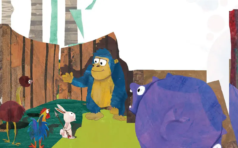A blue and yellow ape points the way as Hop, a colorful hen, and a purple hippo gather in the forest.