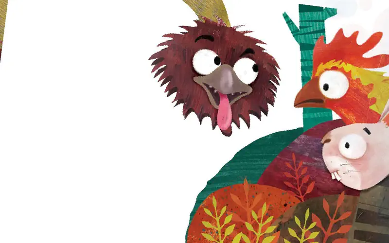 A fluffy brown bird sticks out its tongue while Hop and a hen look on in the colorful forest foliage.