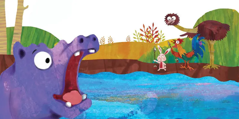 A purple hippo in a lake opens its mouth wide while Hop holds arrows, standing with a hen, emu, and bird.