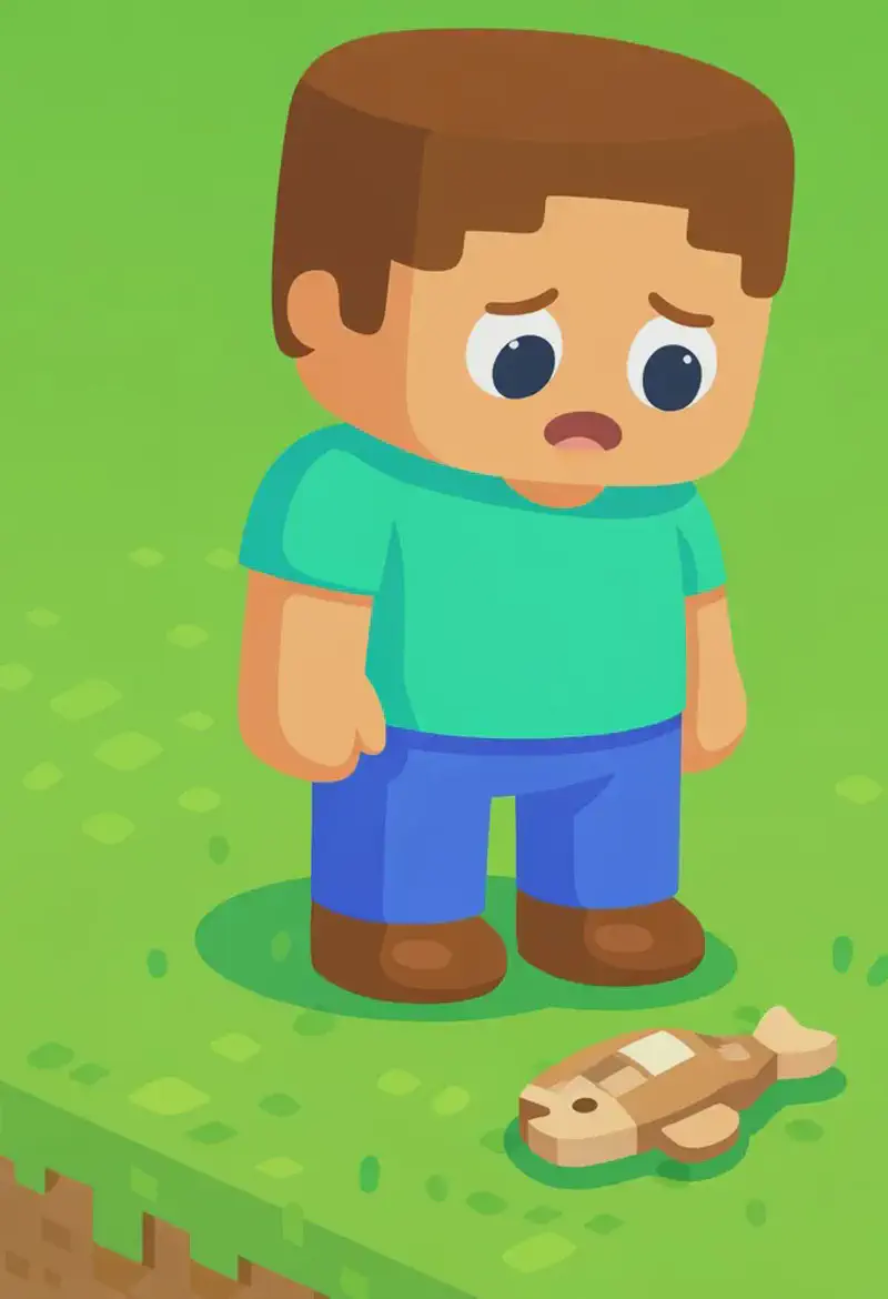 On the left side of the image, Steve stands looking down at a raw cod fish lying on the grass at his feet. He has a thoughtful, slightly disgusted expression, considering what to do with the fish. The scene is set outdoors on a bright, sunny day in a grassy Minecraft-style landscape, with the right side of the image left as open green background for text overlay.
