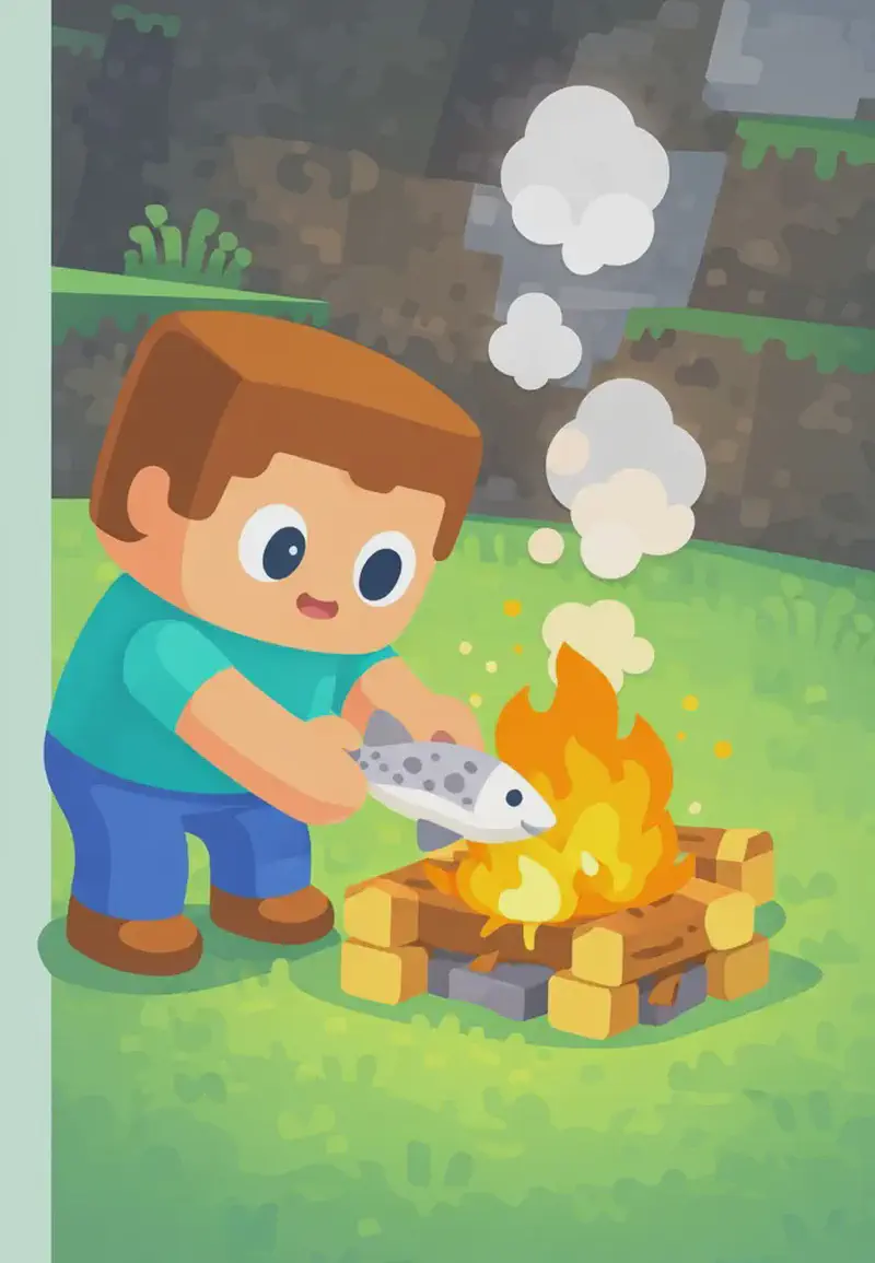 On the right side of the image, Steve stands beside the campfire on a grassy area, leaning forward and placing the cod fish directly into the flames with both hands. He has a focused, careful expression. Smoke rises from the fire into the air. The scene is set outdoors during daytime against a rocky hillside or cave entrance in the background. The left side of the image is clear background for text overlay.
