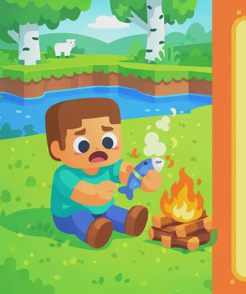 On the left side of the image, Steve is sitting on a grassy area beside a small campfire, reaching toward it to grab a cooked fish (cod) with a surprised, pained expression — the fish is clearly too hot to hold. The campfire burns brightly with orange flames next to him. The scene is set outdoors on a green grassy landscape with birch trees, a pond or river in the background, and a small hill where a white sheep grazes. The right side of the image is a plain orange-and-yellow bordered text area.