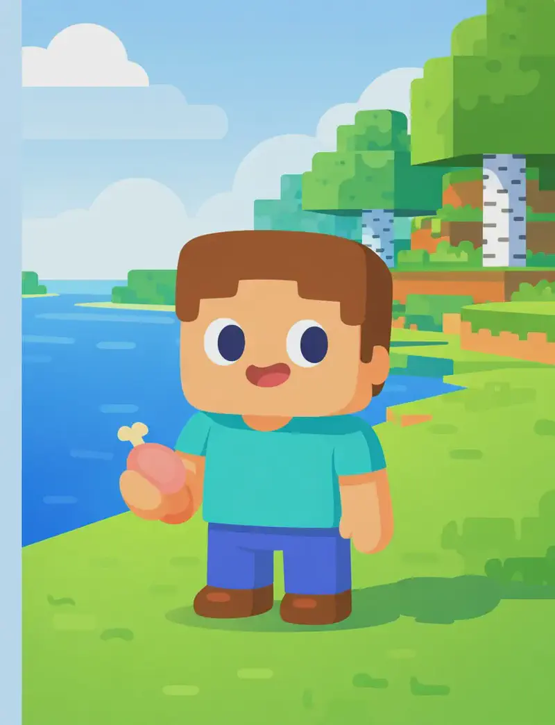 Steve stands on the right side of the image on a grassy hill, facing the viewer with a neutral expression. He is holding a piece of raw chicken in his right hand. The scene is set outdoors during daytime in a Minecraft-style landscape with trees, a body of water, and a cloudy sky visible in the background. The left side of the image is clear background reserved for text overlay.