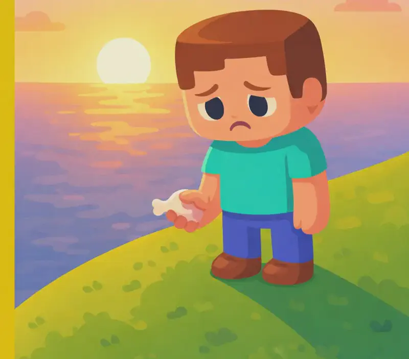 On the right side of the image, Steve stands on a grassy hilltop, looking downward with a sad, dejected expression, his arms hanging at his sides. He still holds the raw chicken in one hand. The scene is set outdoors at sunset, with the sun low on the horizon casting a warm glow across the landscape and an overcast sky above. The left side is reserved for text with a dark panel and yellow border. The overall mood is lonely and subdued, matching Steve's hunger and low spirits.