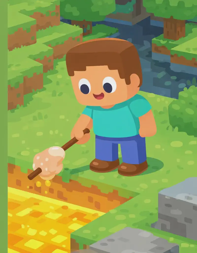 On the right side of the image, Steve stands at the edge of a bright, glowing pool of lava, looking down at it with a curious expression. He holds a raw chicken skewered on a stick in one hand, appearing to consider whether to hold it over the molten lava. The scene is set outdoors in a blocky, Minecraft-style landscape with green grass, stone blocks, and scattered trees in the background. The left side of the image is a plain green area reserved for text overlay.