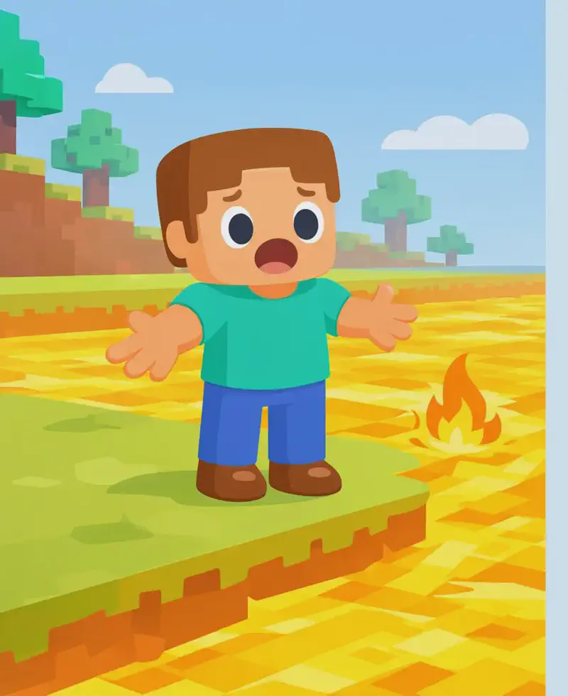 On the left side of the image, Steve stands at the edge of a vast pool of lava, facing the viewer at a three-quarter angle with a shocked, dismayed expression and empty hands outstretched. A small burst of flame flickers on the lava's surface where the chicken was just thrown in. The scene is set outdoors in a bright, blocky Minecraft landscape with trees and blue sky in the background. The right side of the image is open background for text overlay.