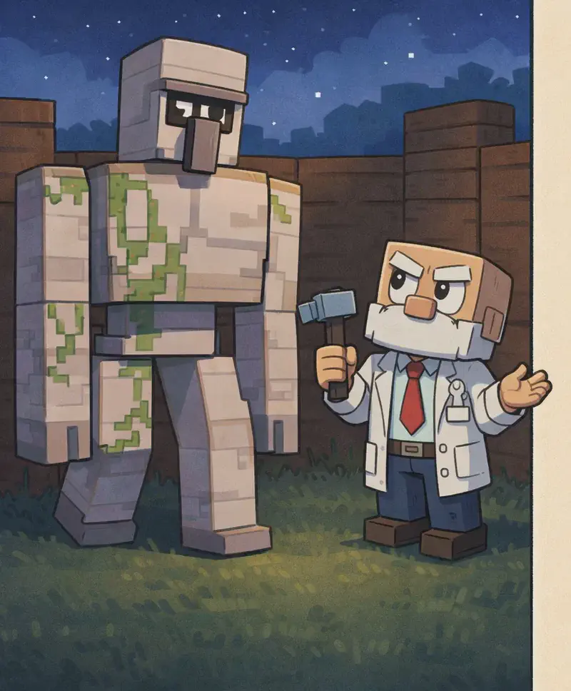 On the left side of the image, a tall Iron Golem with gray iron skin and dark eyes stands facing slightly to the right in a slow walking pose, while Dr. Can Do stands beside it looking up at the golem with a calm, shrugging expression. The scene is set outdoors at nighttime, with a dark blue sky visible above wooden fence walls that form an enclosed yard area, and grass on the ground. The right ~40% of the image is a plain beige text panel with no characters or detail.