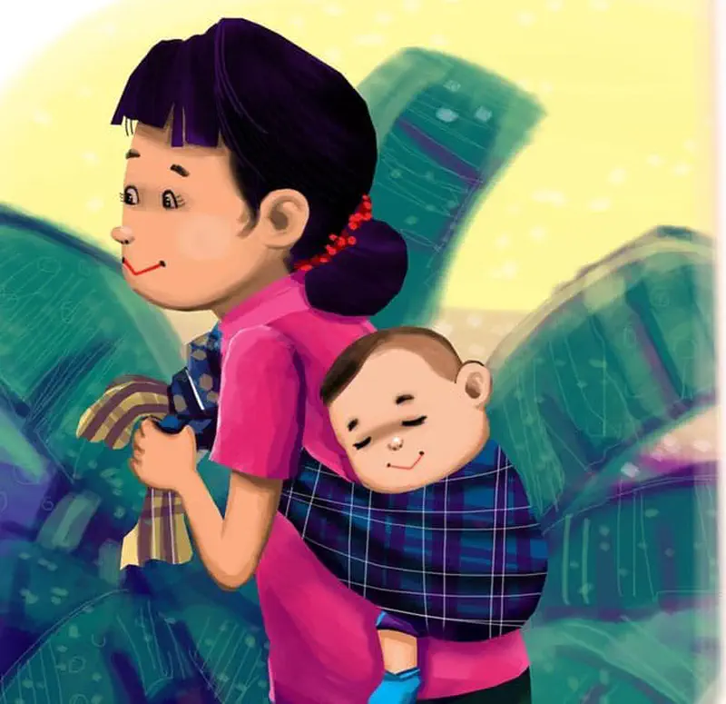 A mother in pink carries her sleeping baby wrapped in a blue plaid towel on her back through banana leaves.