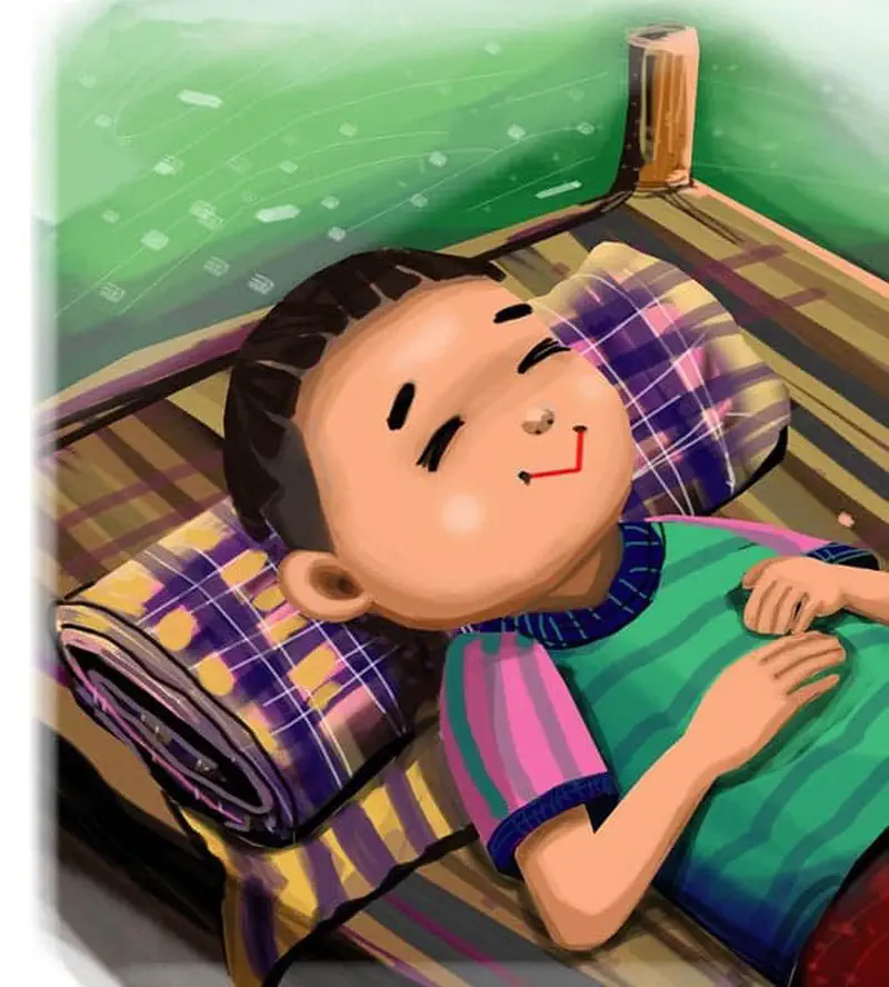A boy rests peacefully on a mat with a rolled plaid towel as a pillow, smiling with eyes closed.