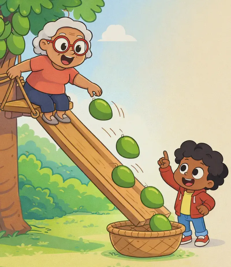 On the left side of the image, Gran is perched partway up a tree, on a small wooden platform attached to a rope-and-pulley lift system, smiling cheerfully as she sends green fruit sliding down a long wooden plank that angles from the tree trunk toward the ground. Several fruit are tumbling down the slide mid-air, landing into a large woven basket waiting at the bottom. The child stands on the ground near the basket, looking up at Gran with an eager, excited expression, ready to help collect the fruit. The scene is set outdoors in a sunny backyard with lush green bushes and trees in the background, with the right side of the image fading to a plain warm-toned background.