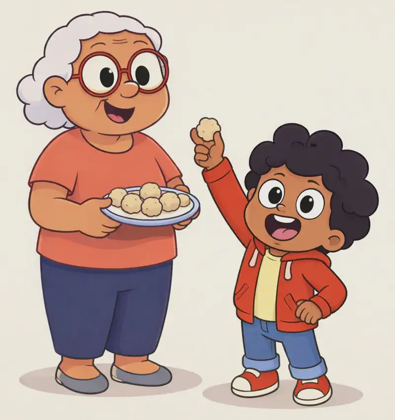 On the left side of the image, Gran stands smiling warmly, holding a plate of freshly made treats. Beside her, the child stands with one arm raised triumphantly, holding up a treat with a wide, excited open-mouthed grin. The scene is set indoors against a plain, light background, with a soft shadow beneath both characters. The right side of the image is plain cream-colored background with no detail.