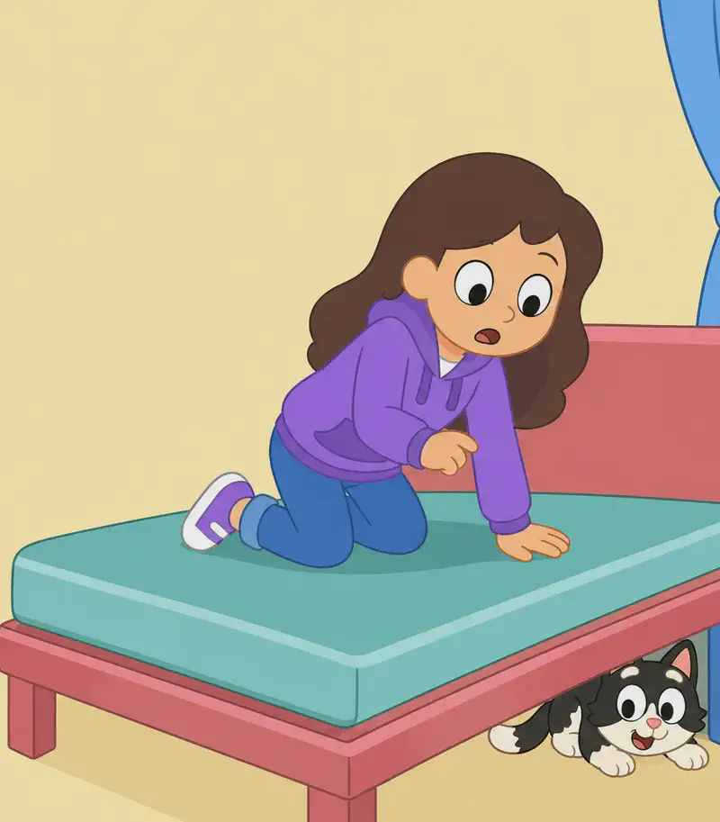 On the right side of the image, Girl is kneeling on a bed, leaning forward with a worried, surprised expression and her mouth open, as if she has just noticed Kit is missing. Kit the cat is partially visible hiding under the bed in the bottom-right corner, peeking out. The scene is set indoors in a bedroom with blue curtains on the right and a light-colored wall behind. The left side of the image is plain background.
