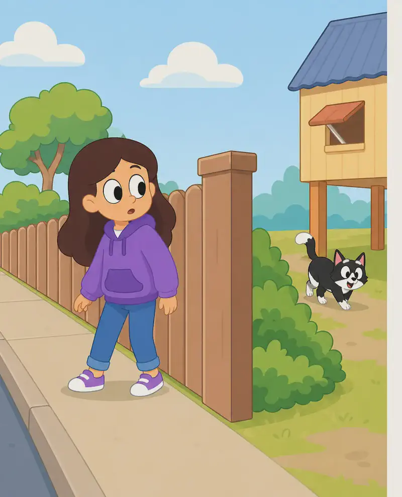 On the left side of the image, Girl stands on a sidewalk beside a wooden fence, looking back over her shoulder with a curious, slightly puzzled expression as she searches for Kit. Behind the fence on the other side, Kit is walking along the ground near some bushes and a raised suburban house, unnoticed by Girl. The scene is set outdoors on a bright daytime suburban street with green bushes, trees, and soft clouds in the sky. The right side of the image is plain white background, clear for text overlay.