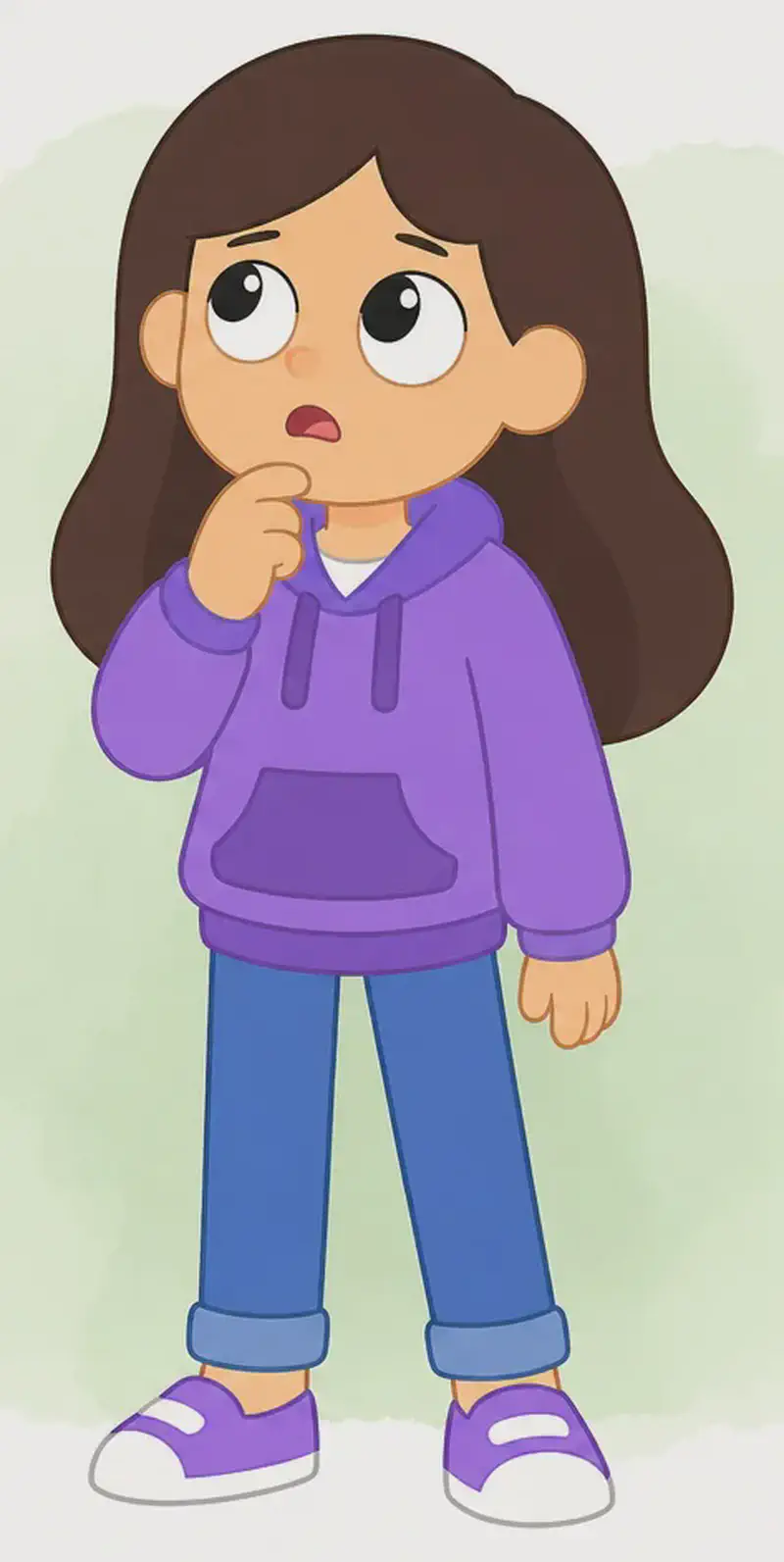 On the right side of the image, Girl is standing with one hand raised to her chin in a classic thinking pose, looking upward with a worried, puzzled expression — mouth slightly open as if talking to herself. The left side of the image is plain white background. Behind Girl is a soft, pale green watercolor wash. The scene conveys her frustration at having run out of ideas for where her cat might be hiding, as she considers calling for help.
