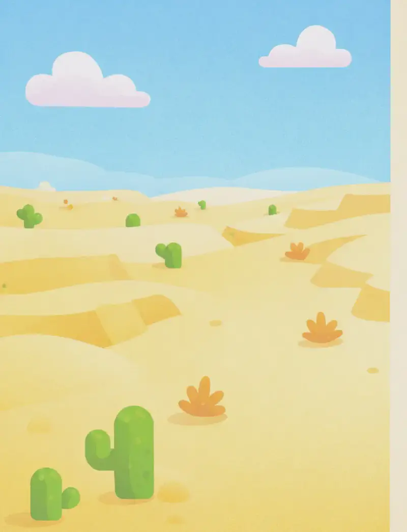 A bright, sun-lit desert landscape stretches across the left side of the image, with rolling sand dunes, scattered dry shrubs, and a few small cacti dotting the terrain. The sky above is a clear blue with soft clouds, and the daytime lighting casts the sand in warm, pale tones. The right side of the image is open, plain sandy background suitable for text overlay. No characters are present in this scene — it is a pure environment/setting illustration.