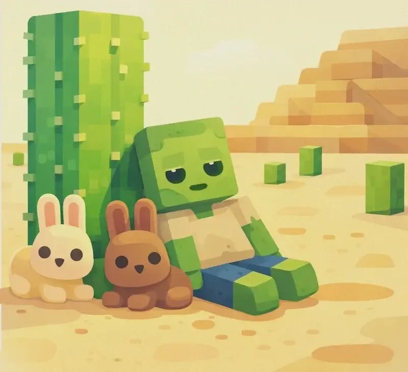 On the right side of the image, two or three blocky Minecraft-style desert animals — such as rabbits and a husk — rest in the shade of a tall cactus in a sandy desert biome, their bodies low to the ground as if conserving energy. The outdoor scene features sandy terrain, scattered small cacti, and a stepped sandstone hill in the background under a hazy, sunlit sky. The left side is a plain light-colored text overlay area.