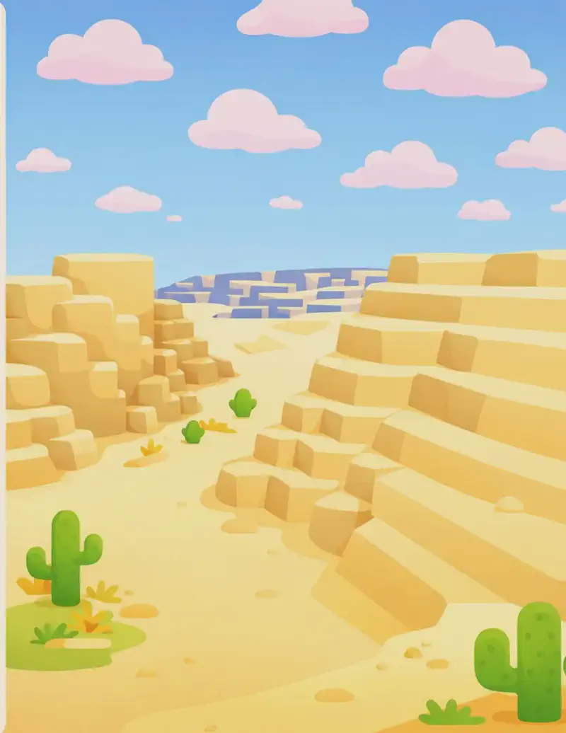 On the right side of the image, a vast desert landscape stretches out under a bright daytime sky with scattered pink-tinged clouds. Sandy dunes and eroded stone formations dominate the right half, with layered sandstone steps and rocky outcrops showing the encroachment of arid terrain. Small patches of dry grass and a few green cacti cling to the edges of the sand, suggesting the boundary where vegetation gives way to desert. The left side is a plain, faded background suitable for text overlay. No characters are present in the scene.