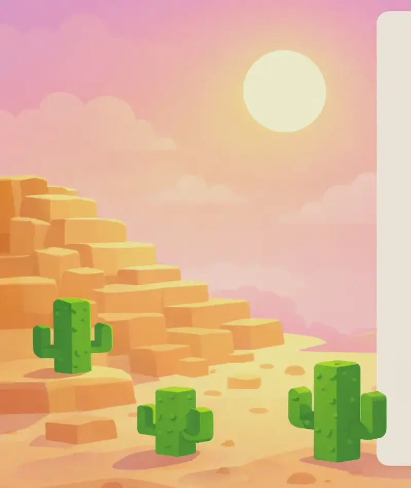 A hot, sun-drenched desert landscape in a Minecraft-style blocky art style. The scene is set outdoors during daytime with a blazing sun high in a hazy pink-purple sky, conveying intense heat. Sandy, terraced hills rise on the right side, with scattered green cacti dotting the flat desert floor along the bottom. A text overlay panel occupies the left portion of the image. No characters are visible in the scene.