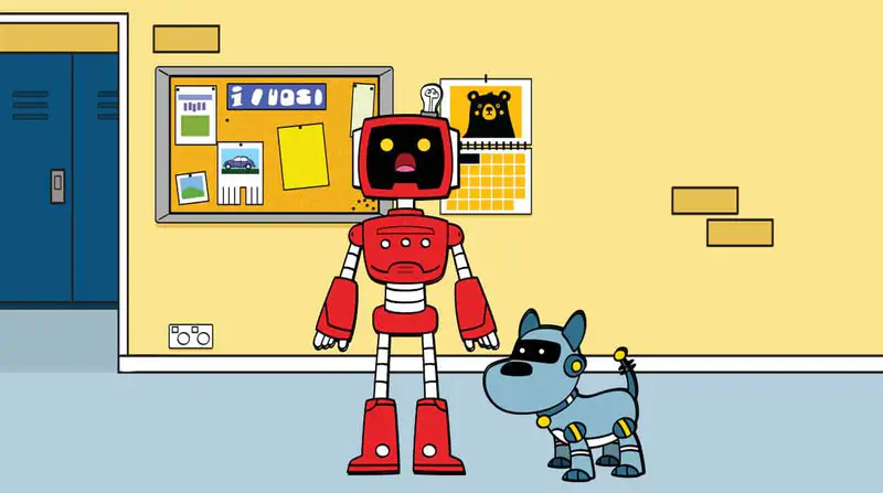 A red robot stands next to a small blue robot dog in a room with lockers and a bulletin board.