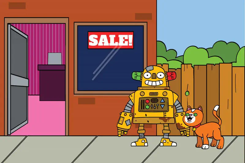 A happy yellow robot smiles beside an excited orange cat outside a shop with a sale sign and wooden fence.