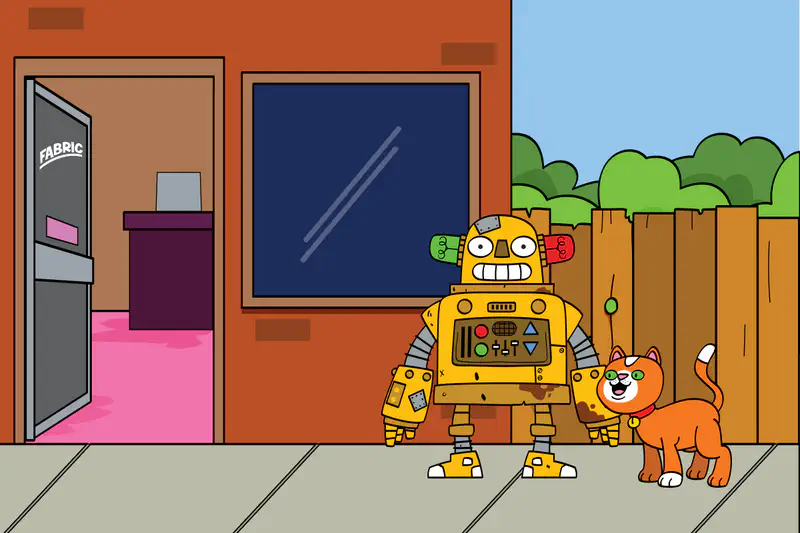 A smiling yellow robot pets a happy orange cat outside, with trees visible behind a wooden fence.