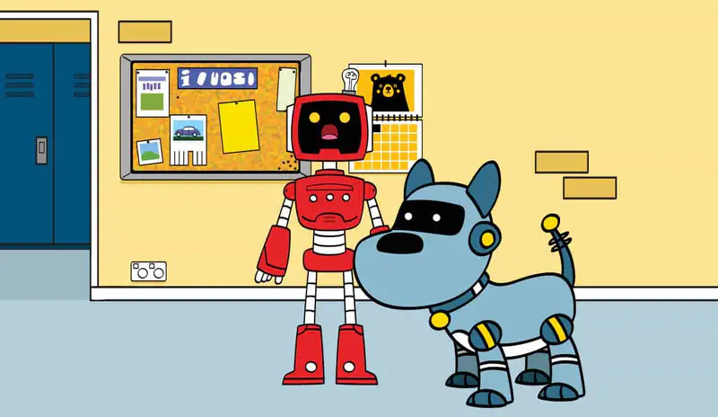 A red robot stands surprised next to its blue robot dog that has grown much bigger, now taller than the robot.