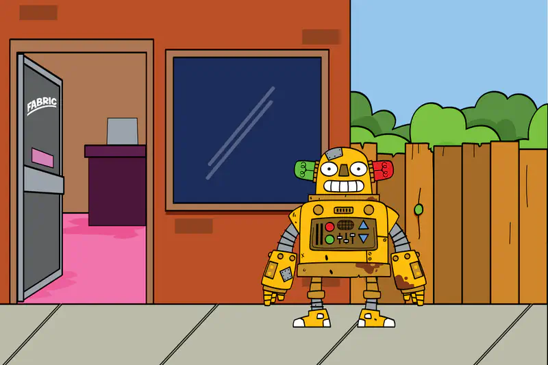 A yellow robot with colorful buttons stands outside a building with an orange wall, wooden fence, and green bushes.