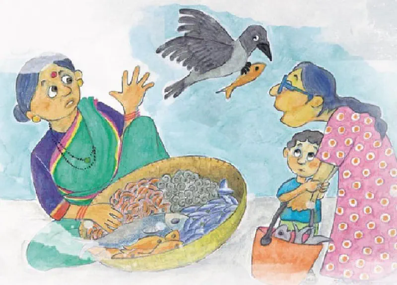 A crow swoops down to steal a fish from a market basket while a startled woman vendor and customers in colorful saris watch.
