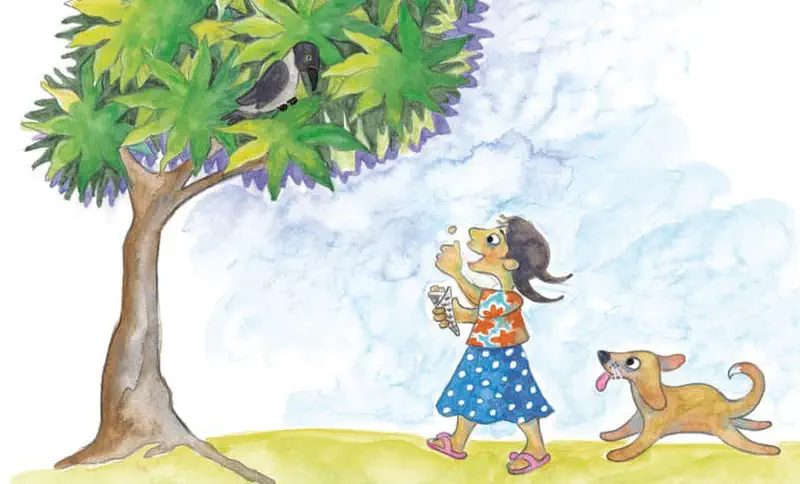 A girl in a blue polka dot skirt eating ice cream walks with her brown dog while a crow watches from a green tree.