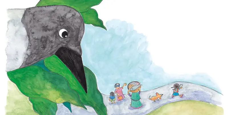 A large crow hides in tree leaves watching villagers on a path below: women carrying fish, a child, a dog, and a girl running.