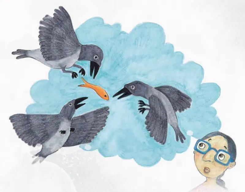 Three grey crows fight over an orange fish mid-flight against a blue cloud while a surprised boy with glasses looks up.