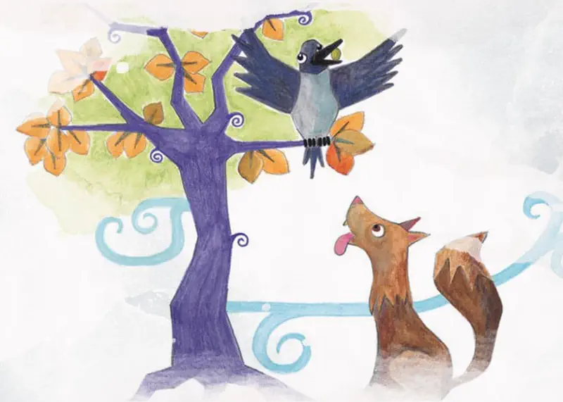 A crow with a nut in its beak perches on a purple tree with orange autumn leaves while a brown dog looks up below.
