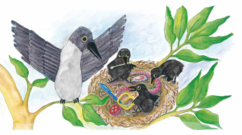Mother crow brings shiny treasures to her four chicks in the nest, including beads, scissors, and colorful trinkets.